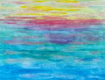Horizontal bands of watercolor in yellow, pink, purple, teal, and blue