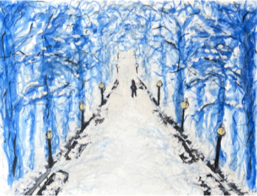 A lamplit snowy path through blue trees, with a small figure walking