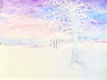 A snow-covered tree under a pink and lavender sky