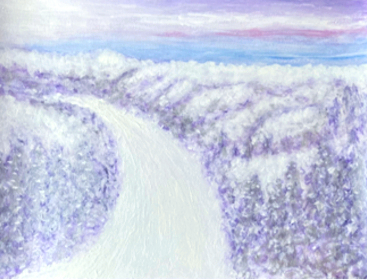 A winding snow-covered path through lavender-toned trees