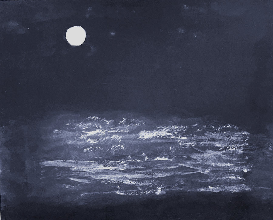 A full moon over dark water at night