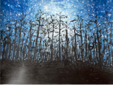 Dark tree trunks beneath a starry blue night sky