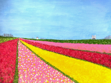 Diagonal rows of red, pink, and yellow tulips under a blue sky