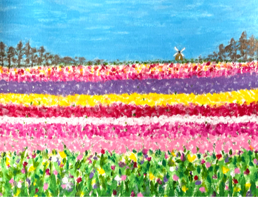Horizontal bands of pink, yellow, purple, and red tulips beneath a windmill and blue sky